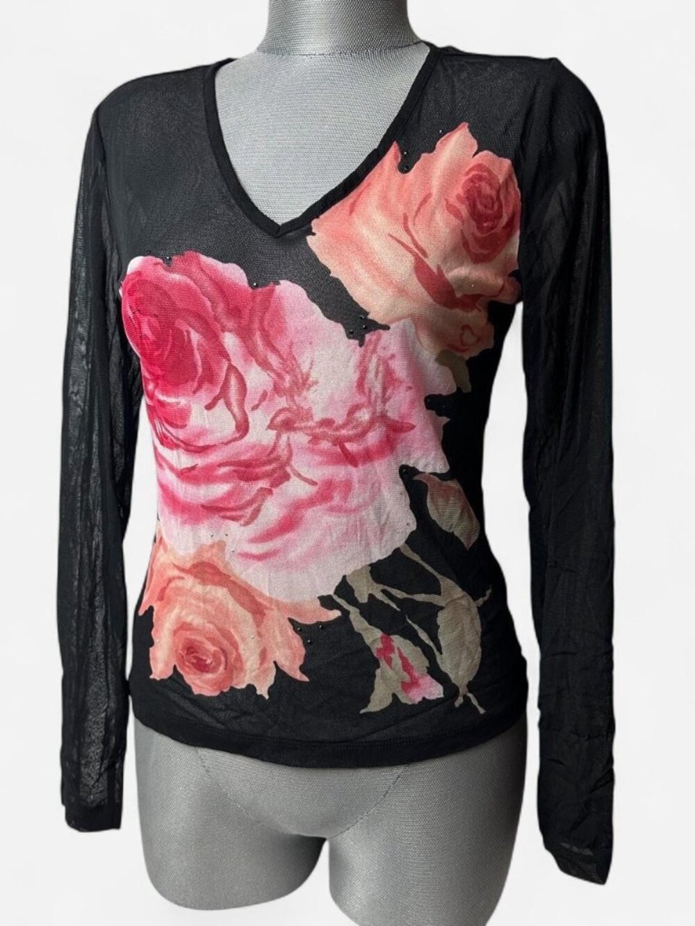 Y2K the limited pink rose mesh long sleeve top with rhinestones Large